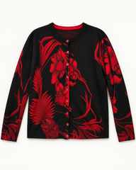 Black & Red Floral women's preloved button-down cardigan, VW-BLWC114