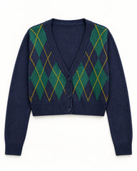 Forest Green & Navy women's preloved heavy button cardigan, VW-HBC212