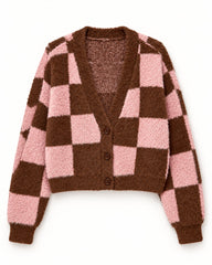 Blush Pink & Chocolate Brown women's preloved heavy button cardigan, VW-HBC237