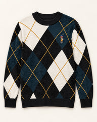 Black, Cream & Teal men's preloved crew-neck sweater, VW-MS274