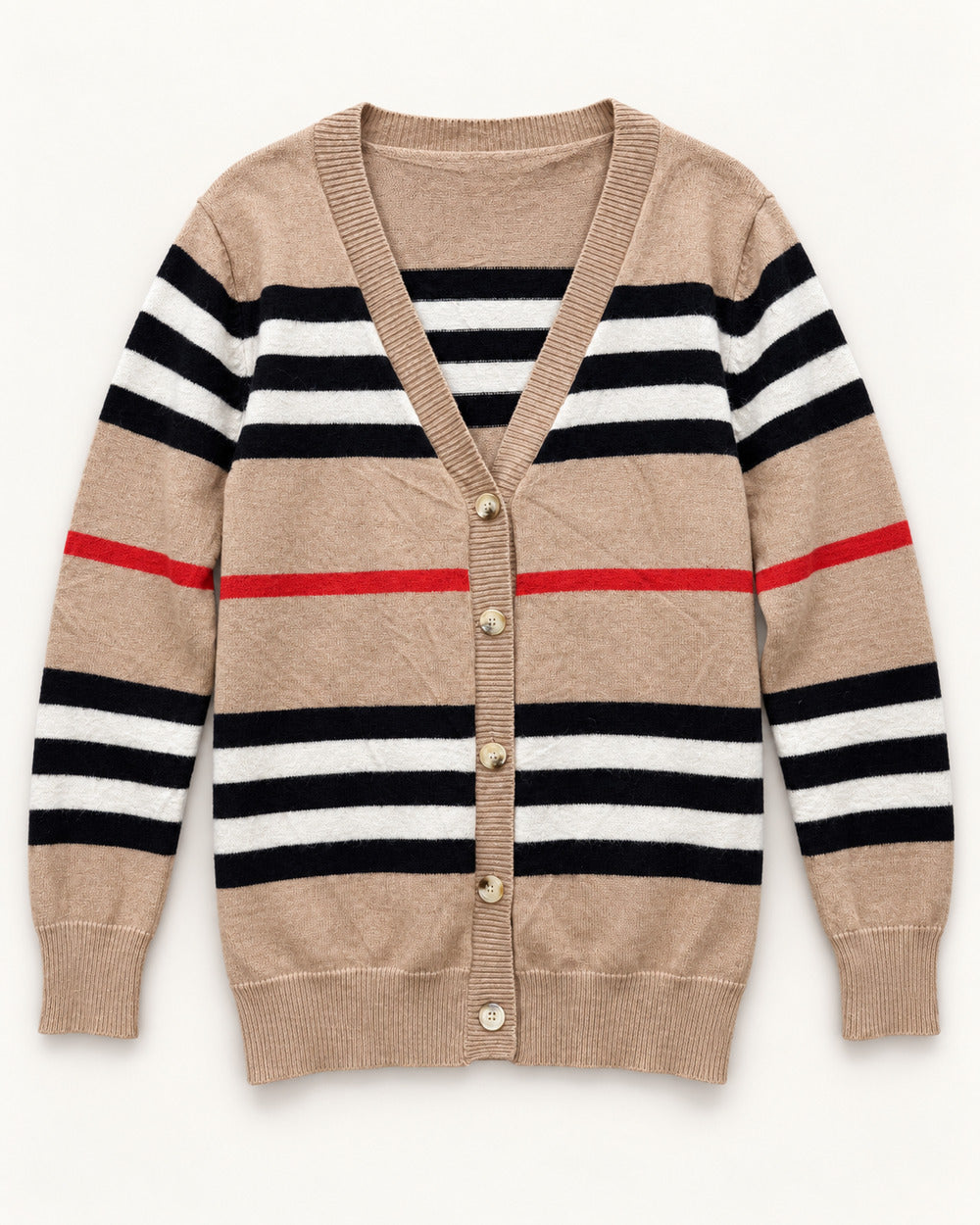 Beige, Black & Red men's preloved v-neck cardigan, VW-MS281