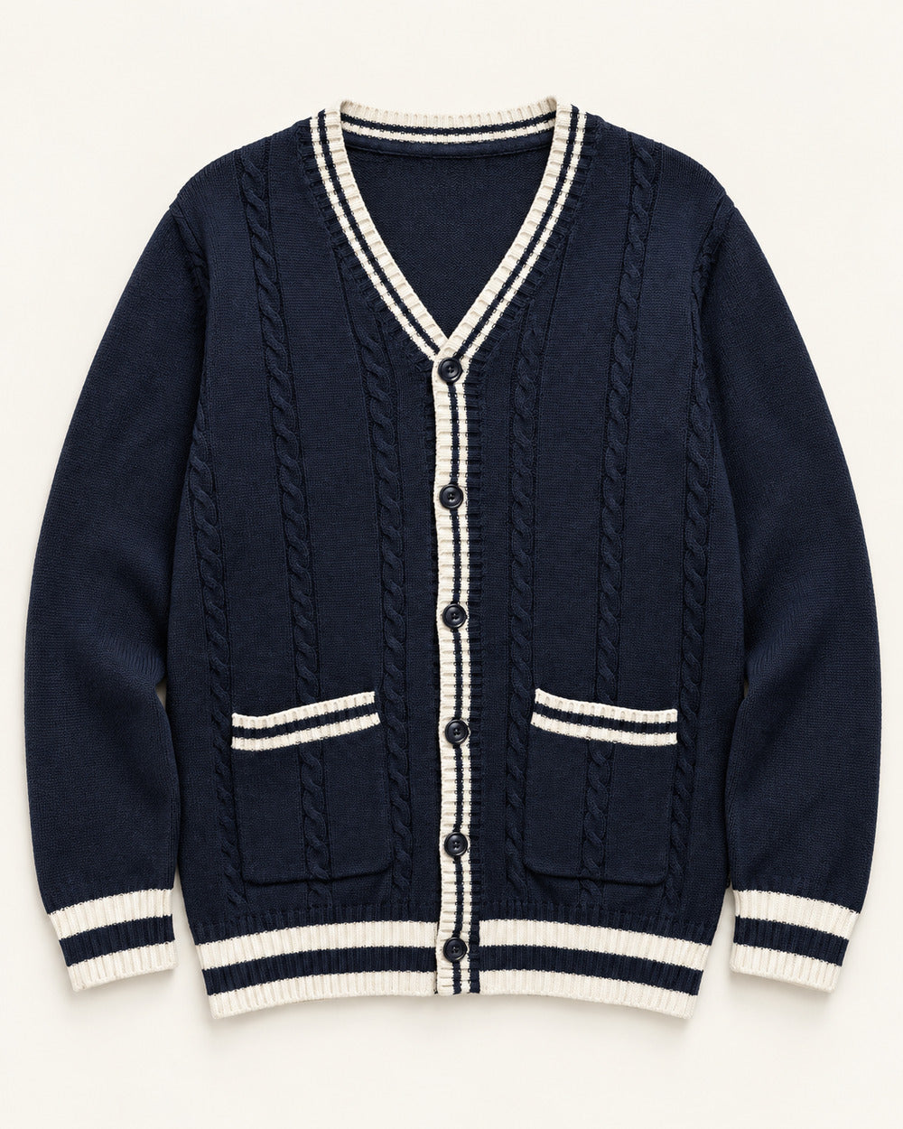 Navy & White men's preloved v-neck cardigan, VW-MS285