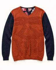 Rust & Navy men's preloved v-neck sweater, VW-MS310
