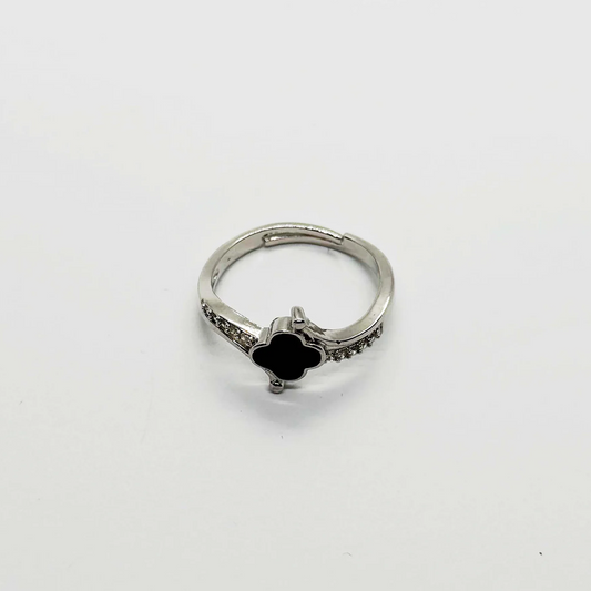 Dainty Black Clover & Silver Ring