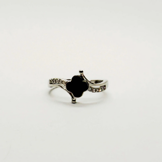 Dainty Black Clover & Silver Ring