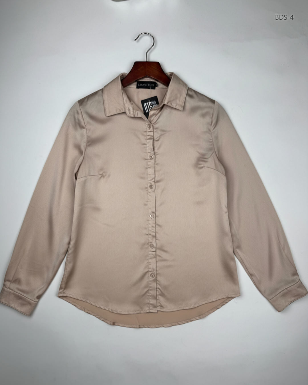 Secondhand Branded Button Down Shirt by I SAW IT FIRST, GOLDEN Silk fabric, Premium condition, for Women - Online Thrift Shop Islamabad Pakistan