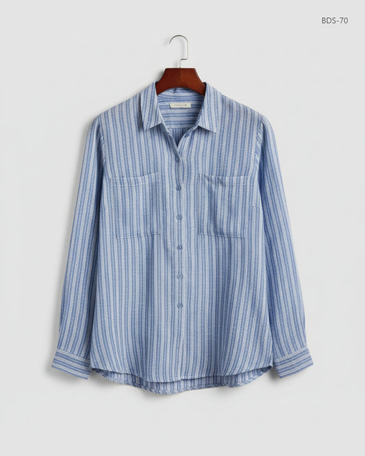 UK Imported secondhand Button Down Shirt - essenians collection brand, SkyBlue Viscose, Premium condition, for Women - Online Thrift Store Lahore Pakistan