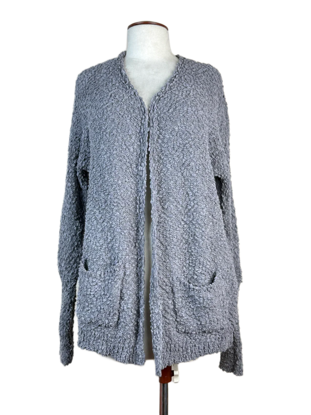 Shop Premium Winter Long Cardigans by Unknown | Preloved Branded Clothes | Grey Polyester | Women | OTS Thrift Store Islamabad Pakistan