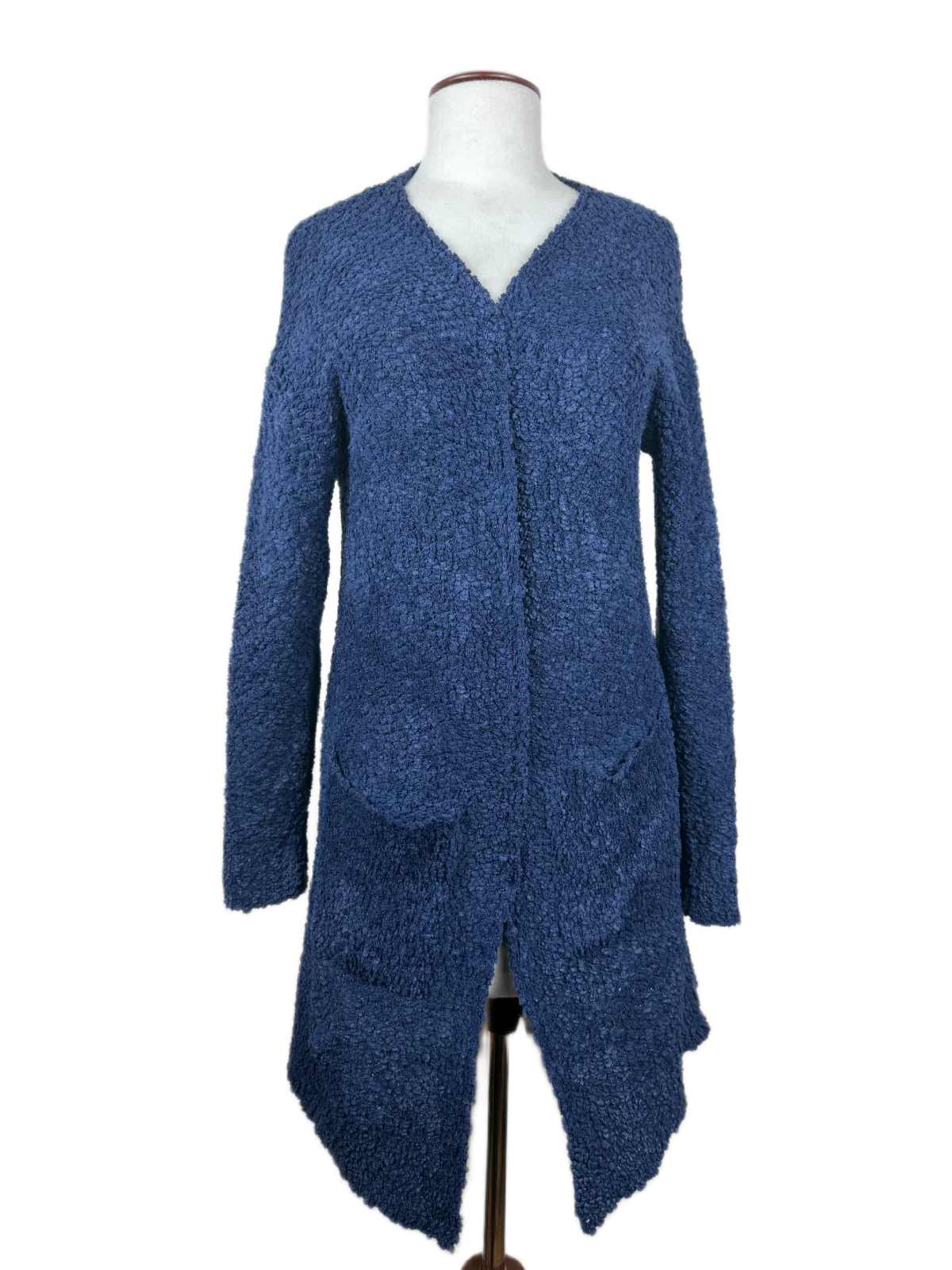Shop Premium Winter Long Cardigans by Merokeety | Preloved Branded Clothes | Blue Polyester | Women | OTS Thrift Store Peshawar Pakistan