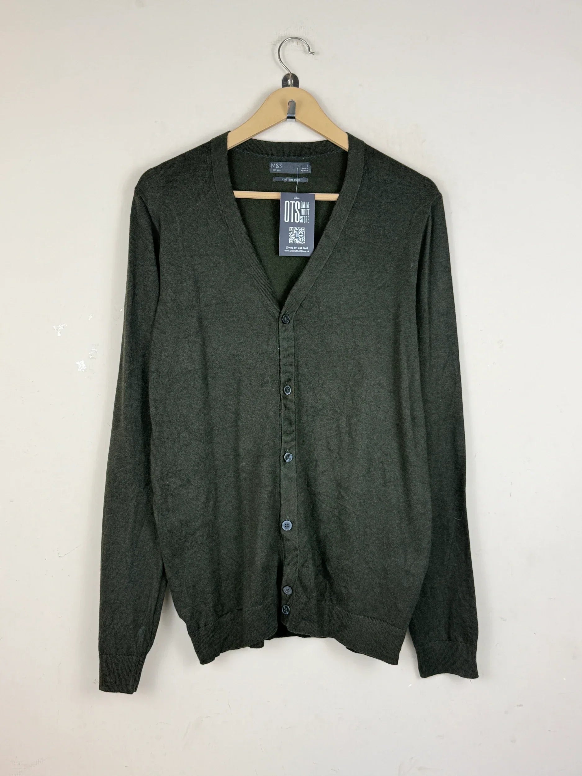 UK Imported secondhand Men's Jumpers & Sweaters - Marks & Spencer brand, Green Cotton, Premium condition, for Men - Online Thrift Store Peshawar Pakistan