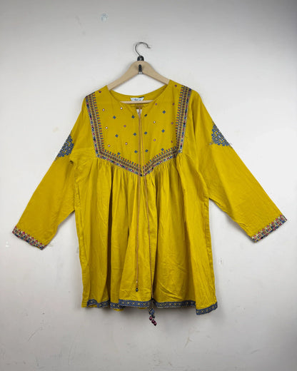 Shop Excellent Summer Kurti by CHINYERE | Preloved Branded Clothes | MUSTERED YELLOW LAWN | | OTS Thrift Store Peshawar Pakistan