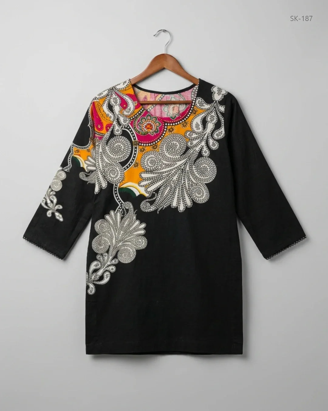 Printed Summer Kurti | CUT LABEL | Preloved Branded | Black Khadar | Premium | OTS Thrift Store Islamabad Pakistan