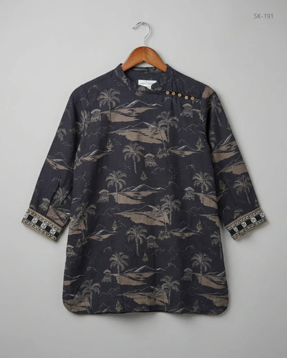 UK Imported secondhand Printed Summer Kurti - LIME LIGHT brand, Black Khadar, Premium condition, for Womens - Online Thrift Store Karachi Pakistan