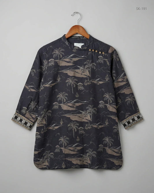 UK Imported secondhand Printed Summer Kurti - LIME LIGHT brand, Black Khadar, Premium condition, for Womens - Online Thrift Store Karachi Pakistan