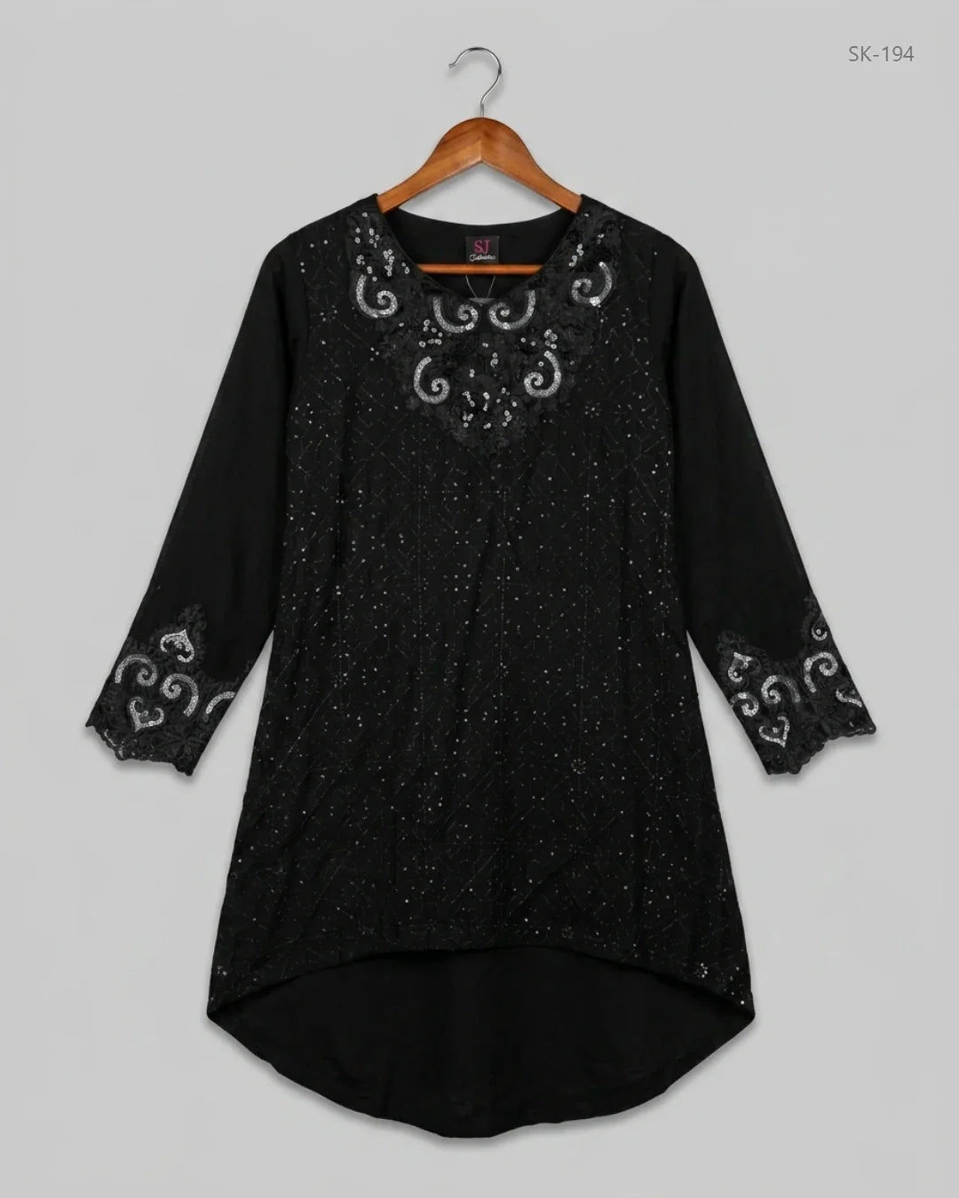 Secondhand Branded Summer Kurti by SJ, Black Cotton fabric, Premium condition, for Womens - Online Thrift Shop Lahore Pakistan