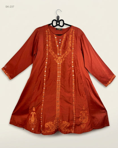Shop Premium Summer Kurti by SQUENCE | Preloved Branded Clothes | Orange LAWN | Womens | OTS Thrift Store Lahore Pakistan