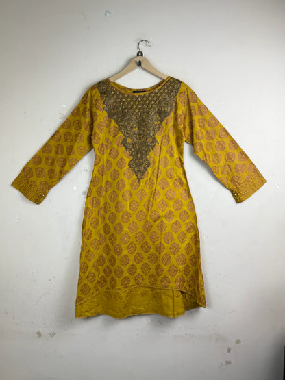 Secondhand Branded Summer Kurti by ALLYS, Mustered Lawn fabric, Premium condition, for Women - Online Thrift Shop Karachi Pakistan