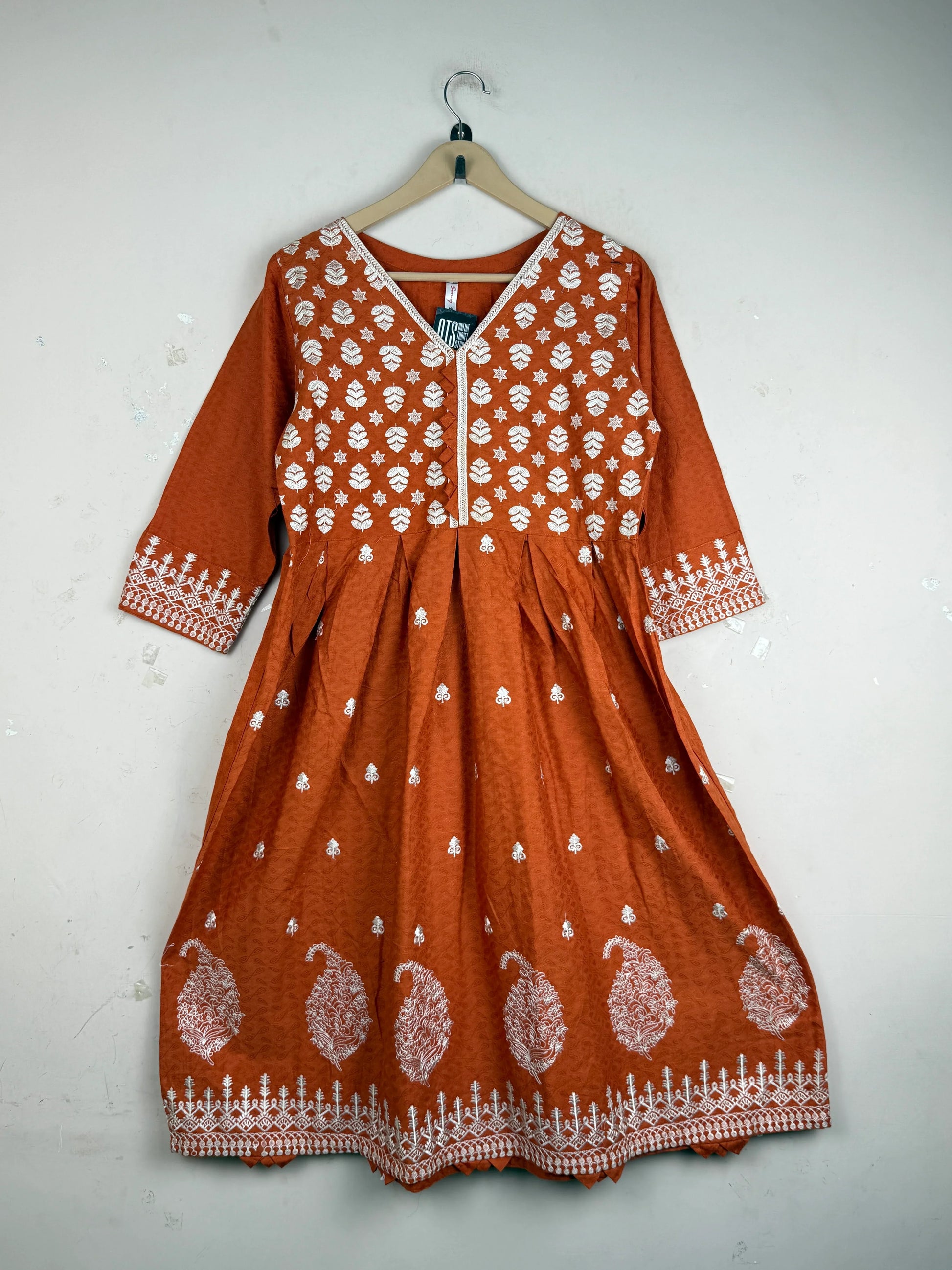 Shop Premium Summer Kurti by Sunny dot | Preloved Branded Clothes | Orange Cotton | Women | OTS Thrift Store Lahore Pakistan