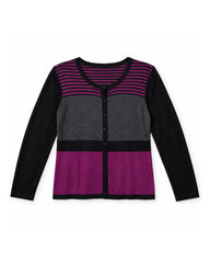 Black & Magenta Stripe women's preloved button-down cardigan, VW-BLWC08