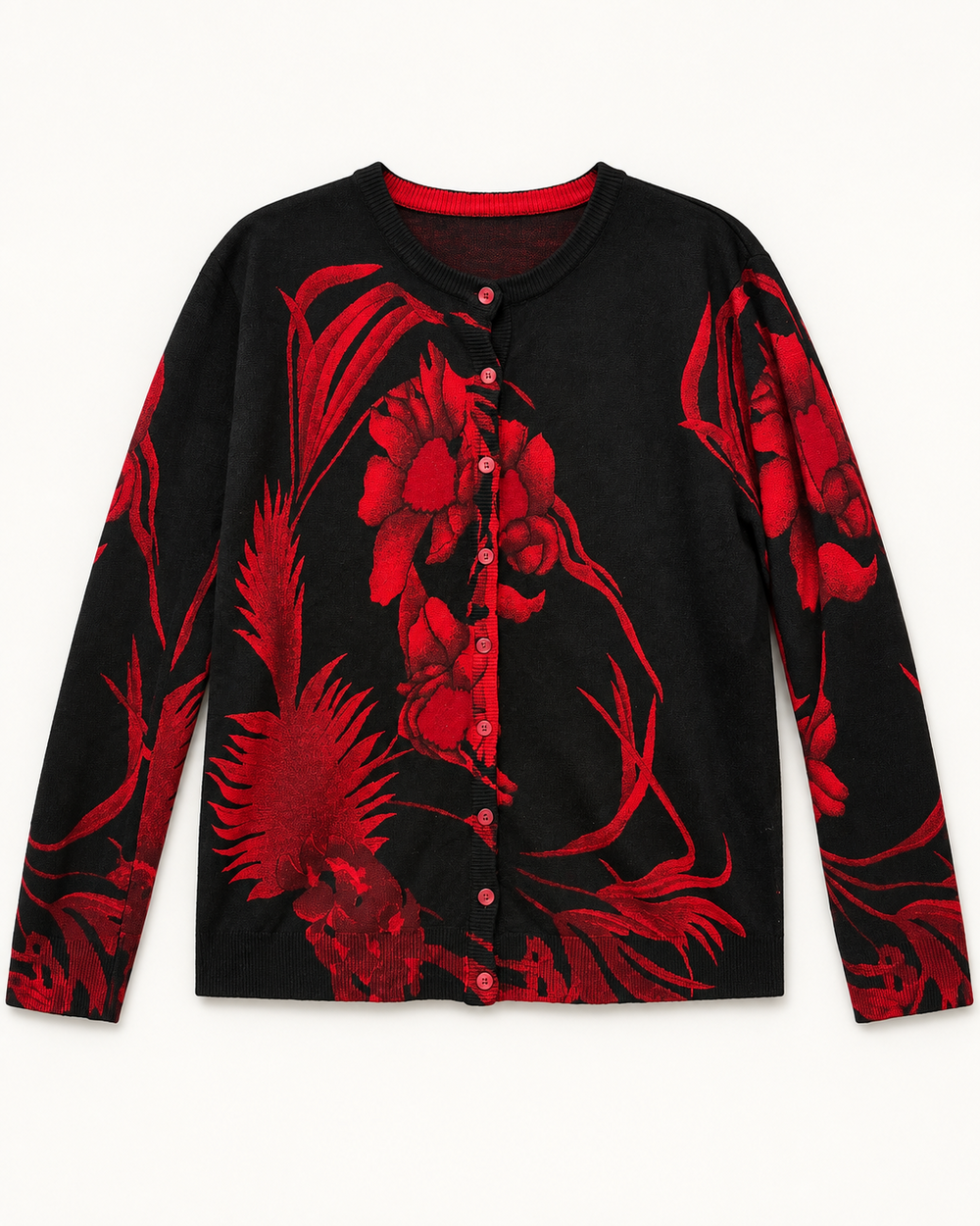 Black & Red Floral women's preloved button-down cardigan, VW-BLWC114