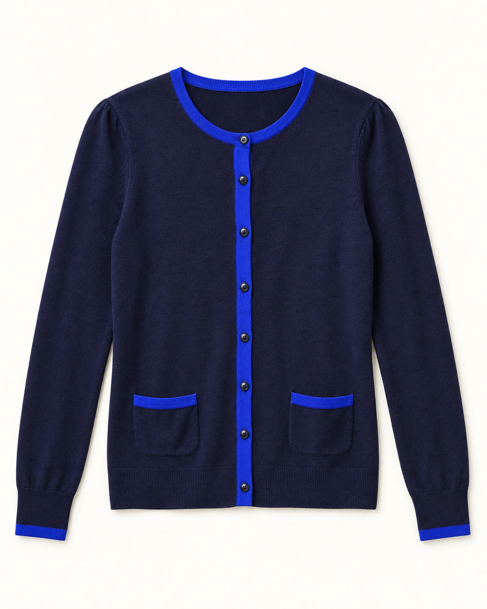 Navy & Blue Trim women's preloved button-down cardigan, VW-BLWC118