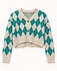 Cream & Teal women's preloved heavy button cardigan, VW-HBC08