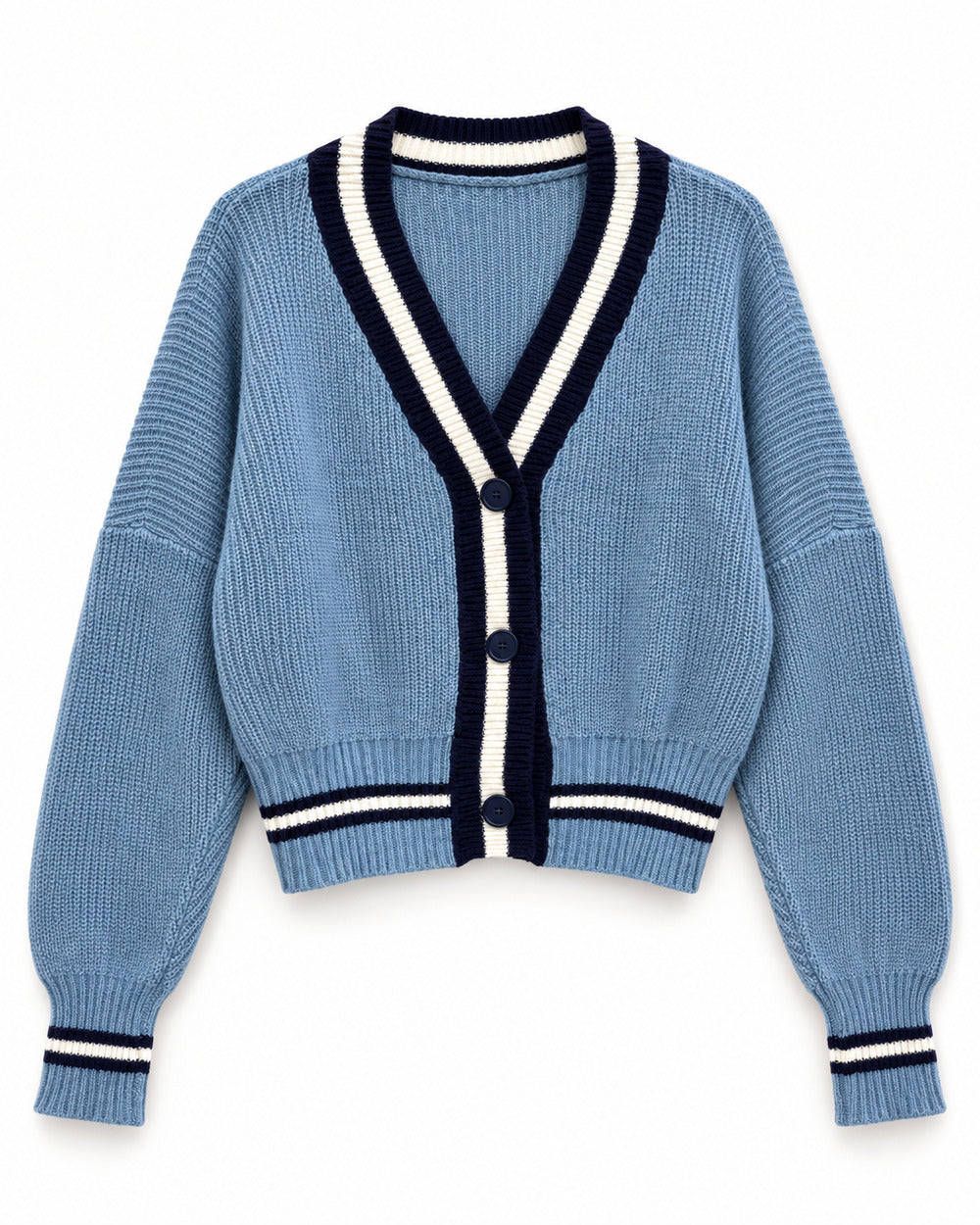 Powder Blue & Navy women's preloved heavy button cardigan, VW-HBC151