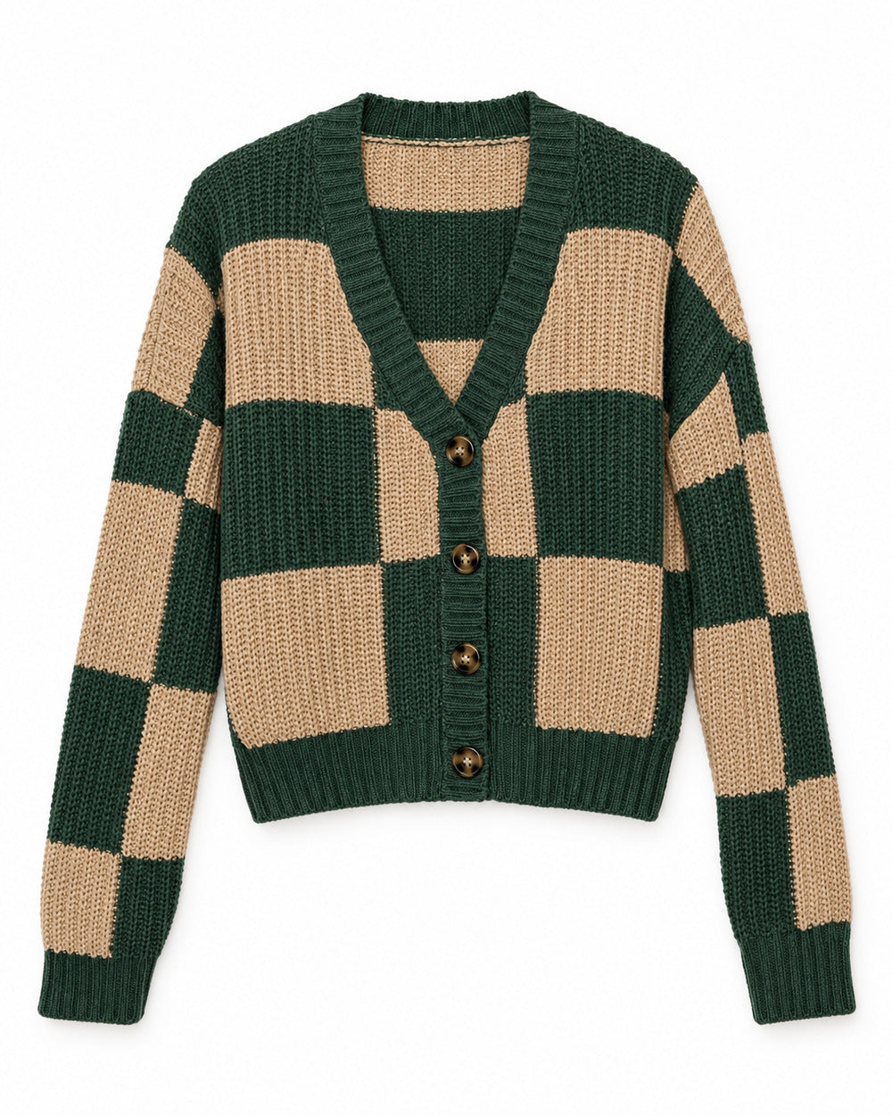 Forest Green & Beige women's preloved heavy button cardigan, VW-HBC298