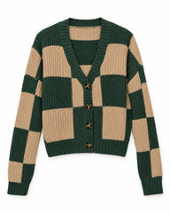 Forest Green & Beige women's preloved heavy button cardigan, VW-HBC298