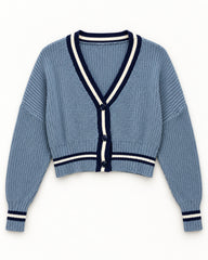 Powder Blue & Navy women's preloved heavy button cardigan, VW-HBC35