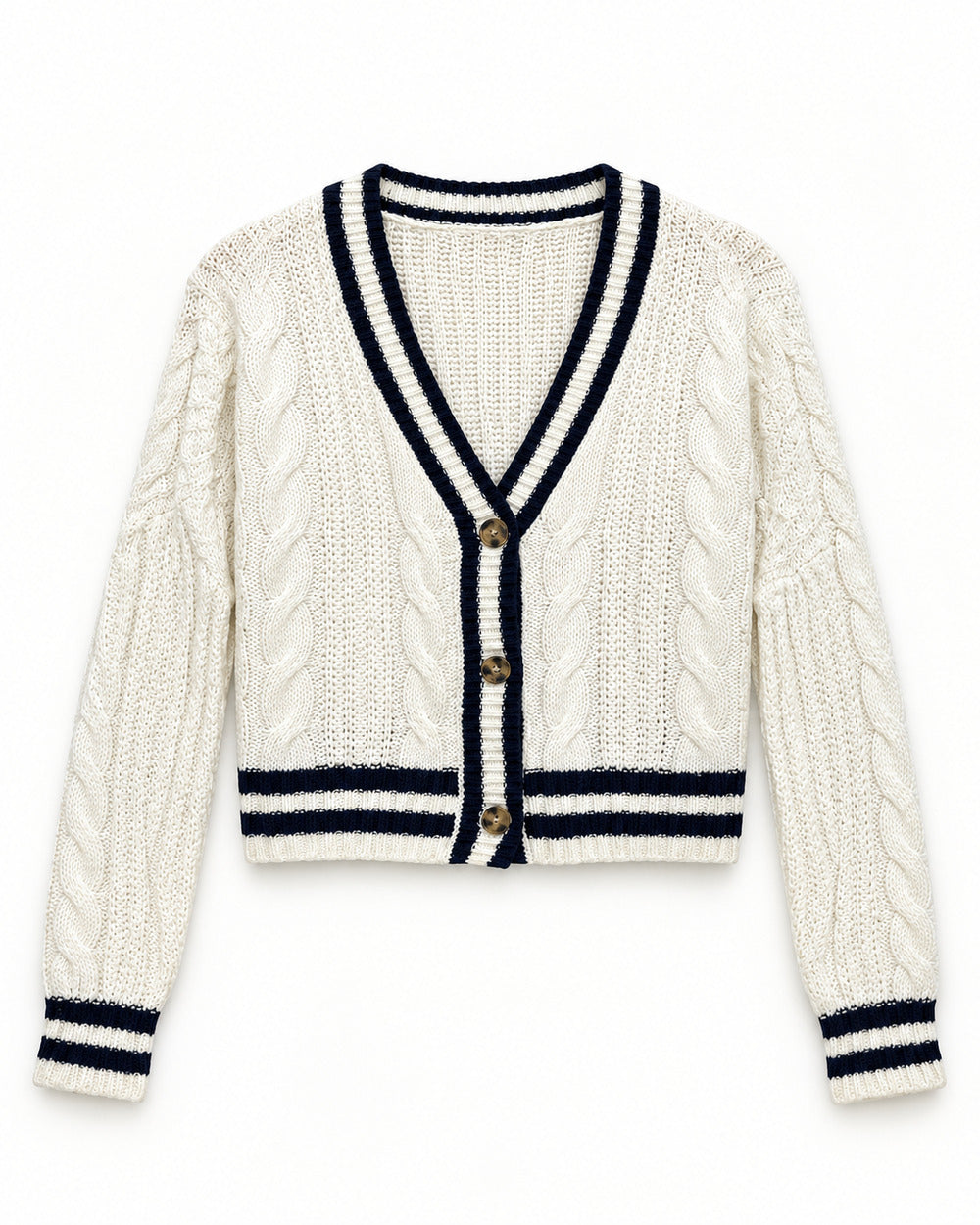 White & Navy women's preloved heavy button cardigan, VW-HBC45