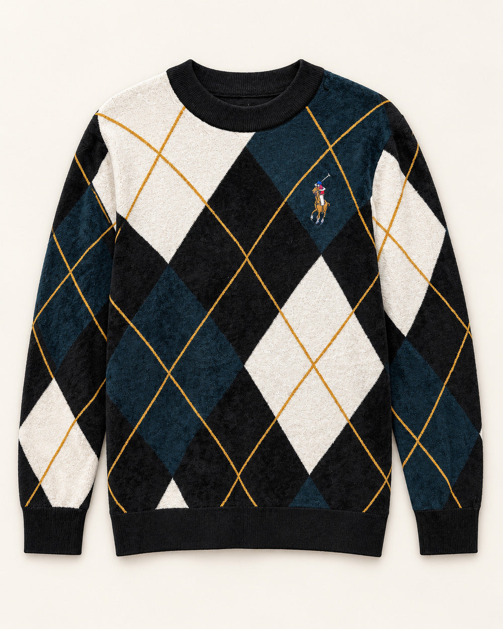 Black, Cream & Teal men's preloved crew-neck sweater, VW-MS274