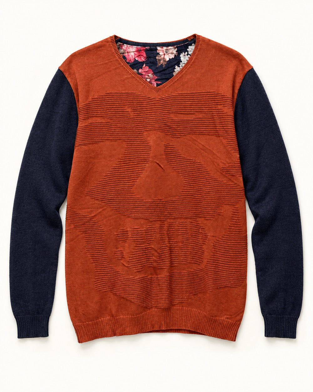 Rust & Navy men's preloved v-neck sweater, VW-MS310