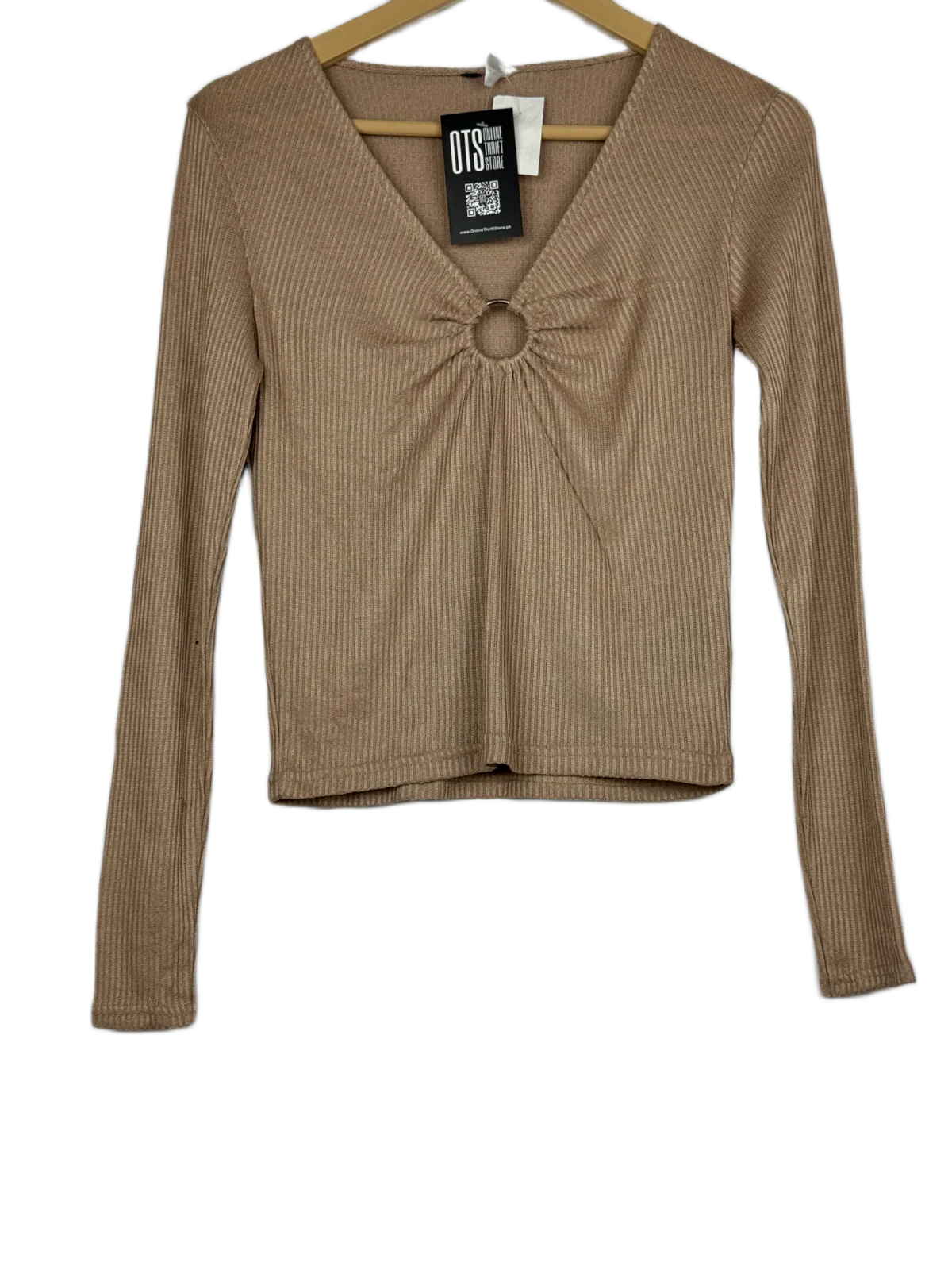 Winter Crop Tops | Unknown | Preloved Branded | Khaki Polyester | Premium | OTS Thrift Store Karachi Pakistan