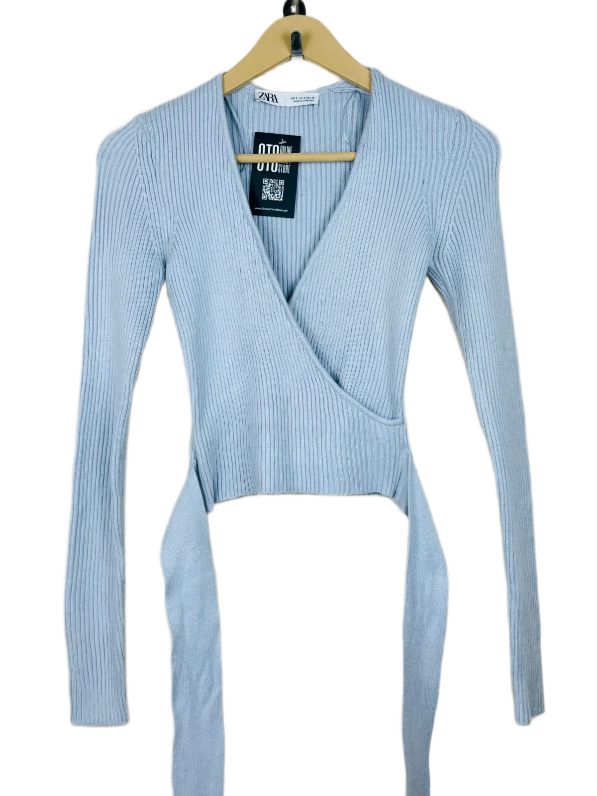 Shop Premium Winter Crop Tops by Zara | Preloved Branded Clothes | Ice Blue Viscose | Women | OTS Thrift Store Karachi Pakistan