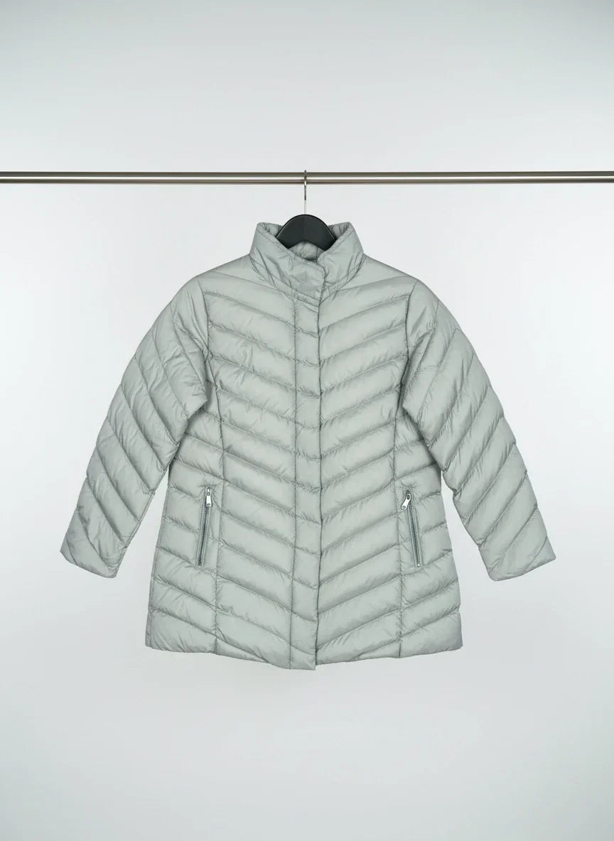 Shop Premium Plus Bomber & Puffer Jackets by Mudflouer | Preloved Branded Clothes | Silver Polyester | Women | OTS Thrift Store Islamabad Pakistan