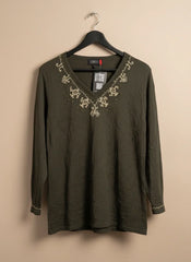 Shop Premium Winter Knitted Tops by Dominique | Preloved Branded Clothes | Olive wool & polyester | Women | OTS Thrift Store Karachi Pakistan