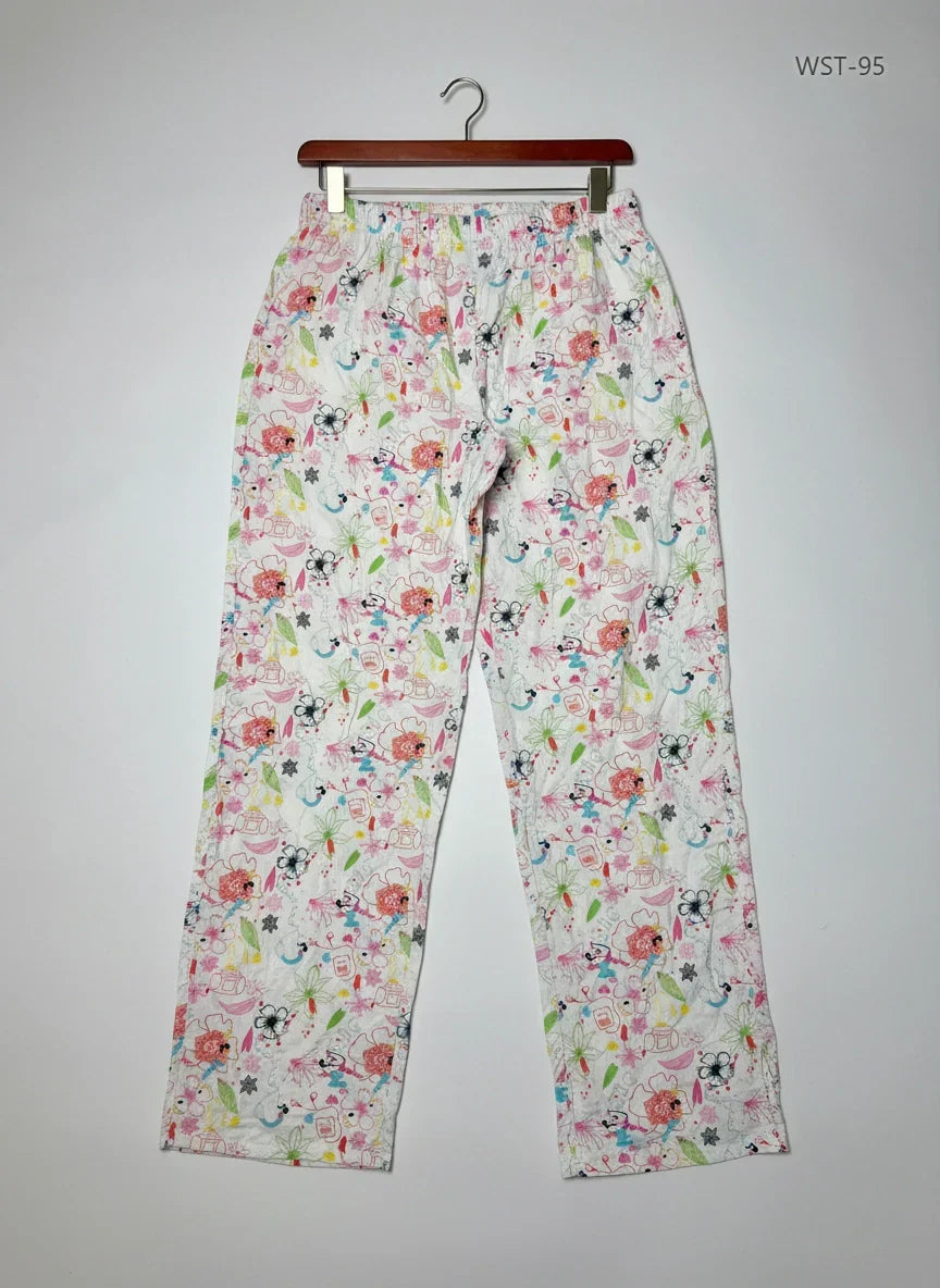 Preloved Excellent Womens Summer Trousers by H&M, WHITE MULTI Cotton for Womens - OTS Thrift Shop Islamabad Pakistan